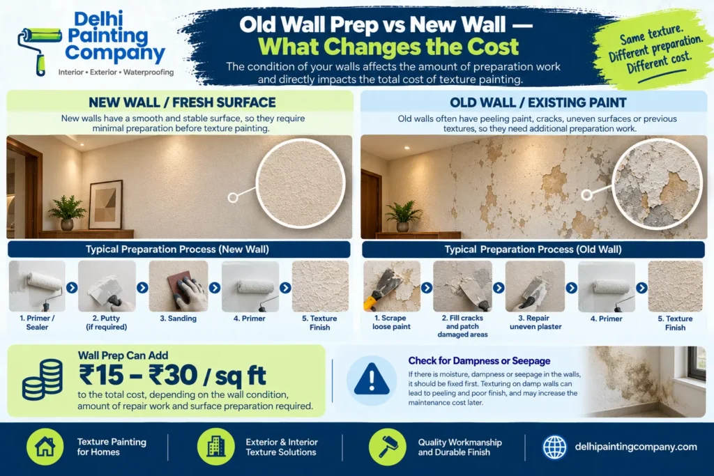 Old wall preparation vs new wall preparation for texture painting, showing how wall condition and surface preparation affect texture paint cost in Delhi NCR.