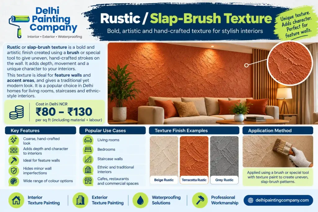 Rustic and slap-brush texture paint finish with cost and application details in Delhi NCR