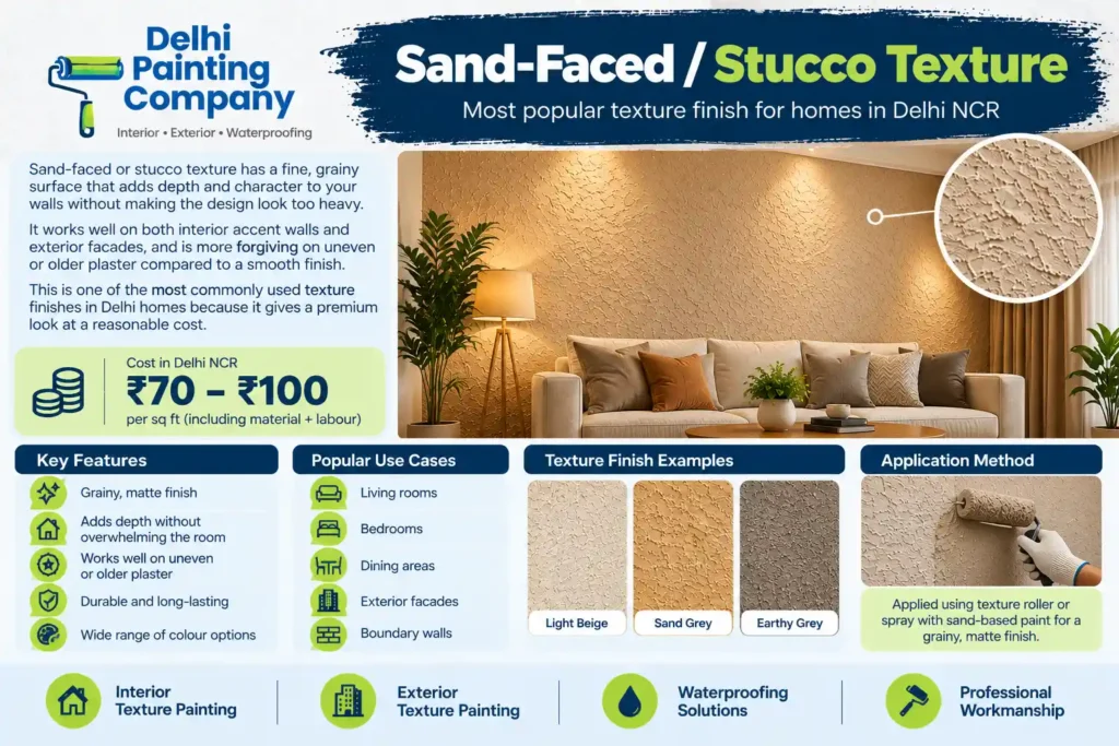 Sand-faced and stucco texture paint finish with cost and application details in Delhi NCR