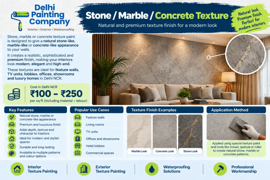 Stone, marble and concrete texture paint finishes for premium feature walls