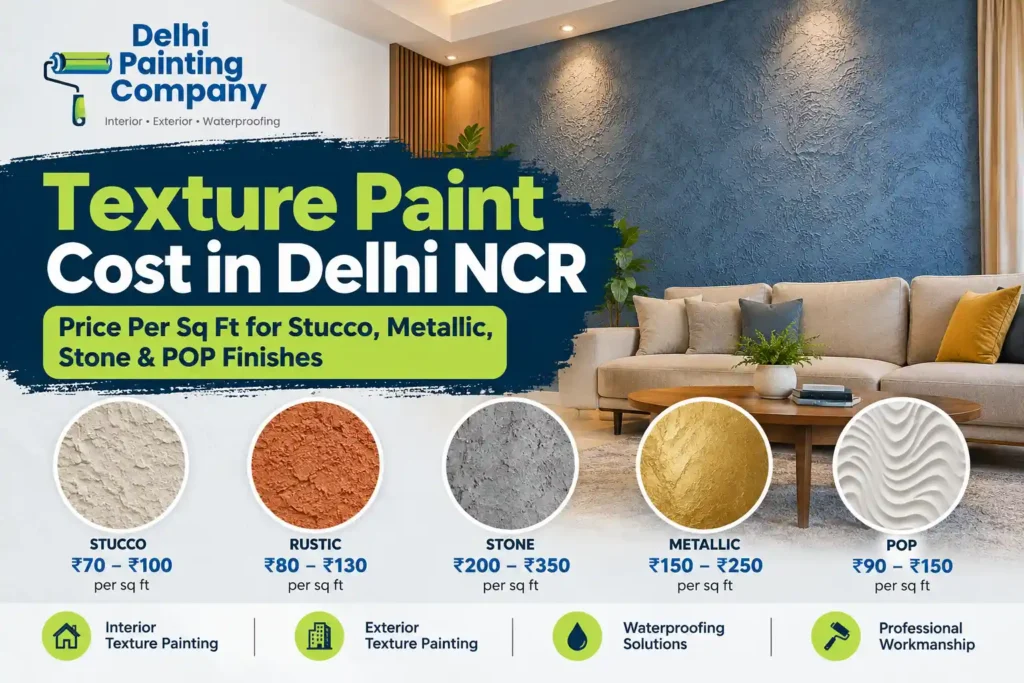 Texture paint cost in Delhi NCR showing textured feature wall and different texture finishes