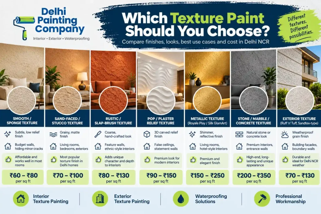 Comparison of texture paint finishes to help choose the right texture for different rooms