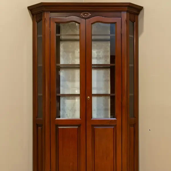 High gloss wooden corner cabinet with glass doors after professional wood polish work in vasant kunj